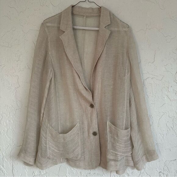 Neutral Coastal Knit Linen Blazer Women Size Medium Double Button Pocket Beige - Picture 1 of 8